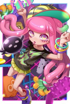 1girl :o arms_up bangle baseball_cap black_shirt blonde_hair blue_eyes border bracelet cellphone clenched_hands collarbone colored_eyelashes commentary_request drooling fish flip_phone full_body gradient_eyes gradient_hair green_eyes green_hair green_skirt hair_flaps hair_ornament hair_scrunchie harmony&#039;s_clownfish_(splatoon) harmony_(splatoon) hat high_tops highres iria_(yumeirokingyo) jewelry long_hair looking_at_viewer low-tied_long_hair miniskirt mouth_drool multicolored_eyes multicolored_hair multicolored_scrunchie nintendo open_mouth outside_border phone pink_hair pink_pupils purple_shoes scrunchie shirt shoes short_sleeves sideways_hat skirt sneakers solo splatoon_(series) splatoon_3 striped_hat t-shirt tentacle_hair two-sided_fabric two-sided_headwear very_long_hair white_border yellow_eyes yellow_hat