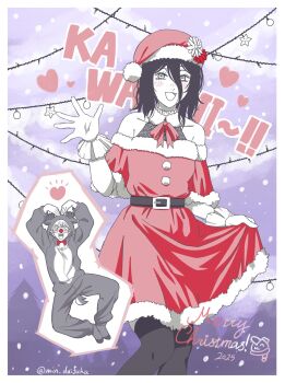 1boy 1girl 2025 animal_costume bare_shoulders belt black_belt black_hair black_thighhighs blush border bow bowtie chainsaw_man christmas christmas_lights commentary_request cowboy_shot denji_(chainsaw_man) dress flower fur-trimmed_dress fur_trim hair_between_eyes halterneck hat hat_flower heart_arms highres medium_hair merry_christmas min_daifuku off-shoulder_dress off_shoulder open_mouth purple_background red_bow red_bowtie red_dress red_flower reindeer_costume reze_(chainsaw_man) santa_costume santa_dress santa_hat smile snowing thighhighs waving white_border white_flower