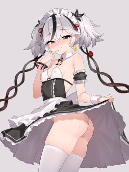 1girl absurdres alternate_costume ass breasts camellya_(wuthering_waves) commentary dated_commentary enmaided highres looking_at_viewer maid maid_headdress multicolored_hair nabiyan paid_reward_available small_breasts solo tacet_mark_(wuthering_waves) thighhighs white_thighhighs wuthering_waves