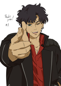 Rule 34 | 1boy, absurdres, axel (lazarus), black hair, black jacket, disheveled, finger gun, hand in pocket, hand up, highres, jacket, jewelry, kumichiyo, lazarus, medium hair, necklace, one eye closed, open mouth, red shirt, shirt, simple background, smile, solo, thank you, white background