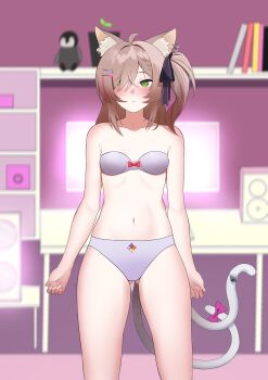 1girl absurdres ahoge animal_ear_fluff animal_ears bell belly bird blurry blurry_background blush book bow bra breasts cat_ears closed_mouth commission cupboard embarrassed green_eyes hair_between_eyes hair_bow hair_ribbon heterochromia highres indoors knee_up knees_up monitor navel nose panties penguin plant potted_plant purple_bra purple_panties requiem ribbon side_ponytail small_breasts solo soyokuru speaker standing stuffed_toy suzune_nia table thighs twintails underwear underwear_only virtual_youtuber yellow_eyes