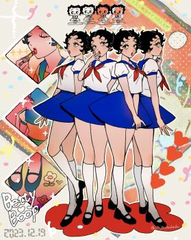 Rule 34 | 4girls, alternate costume, applying makeup, betty boop, betty boop (series), black eyes, black footwear, black hair, blue skirt, blush, character name, chibi, clone, covering own mouth, curly hair, dated, earrings, full body, gold earrings, heart, highres, jewelry, lipstick, long eyelashes, makeup, mary janes, midriff peek, multiple girls, neckerchief, outline, pipopubebu, red neckerchief, school uniform, serafuku, shirt, shoes, skirt, socks, sparkle, standing, twitter username, white outline, white shirt, white socks