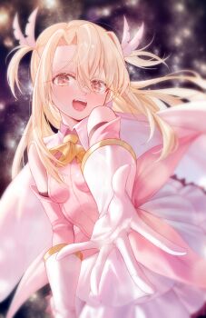 1girl absurdres blonde_hair breasts commentary fate/kaleid_liner_prisma_illya fate_(series) feather_hair_ornament feathers gloves hair_ornament highres illyasviel_von_einzbern kaze_22 korean_commentary layered_gloves long_hair looking_at_viewer open_mouth pink_eyes pink_shirt prisma_illya reaching reaching_towards_viewer shirt skirt small_breasts smile solo teeth upper_teeth_only white_gloves white_skirt