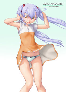 1girl ^jj^ breasts commentary_request dress highres hoshino_ruri kidou_senkan_nadesico long_hair open_mouth panties pantyshot purple_hair small_breasts solo surprised twintails underwear wind wind_lift yellow_eyes