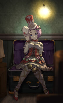 Rule 34 | 1girl, android, blue eyes, breasts, cleavage, closed mouth, commentary request, coppelia (romancing saga 2), corset, flower, flower ornament, hair flower, hair ornament, hand up, hanging light, hat, highres, holding, holding mask, indoors, joints, knees together feet apart, lamp, mask, medium breasts, neck ruff, pink flower, pink rose, purple hair, red corset, red hat, red shoes, red skirt, robot joints, romancing saga 2, rose, saga, satomura kyou, shirt, shoes, short hair, sitting, skirt, smile, solo, top hat, wallpaper (object), white shirt, wooden box