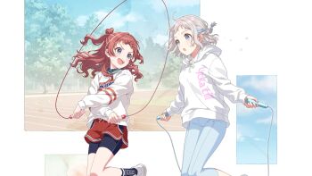 2girls bike_shorts blue_eyes blue_hair braid cloud english_text gakuen_idolmaster game_cg grey_hair hanami_saki holding hood hoodie idolmaster jump_rope katsuragi_lilja multiple_girls official_art one_leg_raised open_mouth pants red_hair short_shorts shorts sportswear sweater track_and_field tree twintails