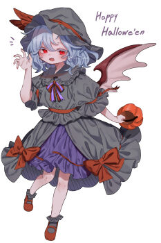 1girl absurdres bat_wings blue_hair bow bowtie collared_shirt commentary_request fang frilled_shirt_collar frills halloween halloween_bucket halloween_costume hat hat_ribbon highres mary_janes misoice_ramen mob_cap open_mouth puffy_short_sleeves puffy_sleeves red_bow red_eyes red_nails red_ribbon remilia_scarlet ribbon shirt shoes short_hair short_sleeves skin_fang solo touhou twitter_username upper_body wings