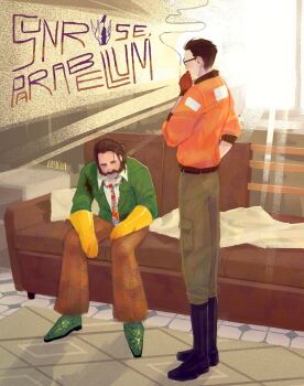 2boys beard belt black_hair blazer blood blood_on_clothes bomber_jacket boots collared_shirt commentary couch disco_elysium english_commentary facial_hair full_body glasses gloves green_jacket hand_in_pocket hands_on_own_legs harry_du_bois highres jacket kim_kitsuragi latin_text male_focus multiple_boys mustache necktie orange_gloves orange_jacket psyhaiswear shirt short_hair sitting slouching smoke smoke_trail smoking source_quote standing tile_floor tiles white_shirt window_light yellow_gloves