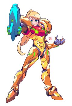 1girl absurdres arm_cannon arm_up armor blonde_hair blue_eyes claw_pose commentary frown hamma high_ponytail highres korean_commentary long_hair looking_at_viewer metroid mole mole_under_mouth nintendo no_headwear ponytail power_armor power_suit_(metroid) samus_aran simple_background solo varia_suit very_long_hair weapon white_background