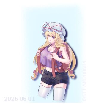 1girl alternate_costume backpack bag black_shorts blonde_hair bow breasts chinese_commentary cleavage collarbone commentary_request dated hair_bow hat hat_ribbon highres long_hair midriff mob_cap multiple_hair_bows navel open_mouth purple_eyes purple_shirt randoseru red_bow red_ribbon ribbon s-tea-m shirt shorts sleeveless sleeveless_shirt smile solo thighhighs touhou very_long_hair white_hat white_thighhighs yakumo_yukari
