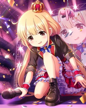 Rule 34 | blonde hair, boots, card (medium), center frills, confetti, crown, frills, futaba anzu, game cg, glowstick, holding, holding microphone, idol, idol clothes, idolmaster, idolmaster cinderella girls, kneeling, microphone, mini crown, monitor, neck ribbon, official art, open mouth, red eyes, ribbon, skirt, stage lights, stuffed animal, stuffed toy, wrist cuffs