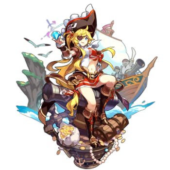 1girl boots cannon dragalia_lost eyepatch female_focus full_body gem hat holding karina_(dragalia_lost) looking_at_viewer non-web_source official_art pirate pirate_hat pirate_ship saitou_naoki shine sitting solo transparent_background treasure_chest