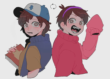 1boy 1girl braces brother_and_sister brown_eyes brown_hair dipper_pines genderswap genderswap_(ftm) genderswap_(mtf) gravity_falls hairband hat long_sleeves looking_at_viewer mabel_pines open_mouth pink_sweater shirt short_hair siblings smile sweater turtleneck twins two-tone_hat woo-saguchi-2013