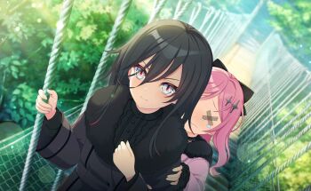 Rule 34 | 2girls, arm hug, black bow, black dress, black hair, black shirt, blurry, blurry background, blush, bow, chain-link fence, closed mouth, commentary request, day, depth of field, dress, fence, fingernails, fudeshima shigure, fur-trimmed sleeves, fur trim, game cg, hair between eyes, hair bow, hair ornament, highres, holding, hug, hug from behind, jacket, karasumori daikoku, long hair, long sleeves, multicolored hair, multiple girls, official art, outdoors, pink hair, red eyes, ribbon, shirt, smile, third-party source, upper body, very long hair, world dai star, yuri