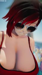 1girl 3d animated audible_music bouncing_breasts breasts jic_jic mikumikudance_(medium) music_video one-piece_swimsuit red_hair red_one-piece_swimsuit ruby_rose rwby sound sunglasses swimsuit video