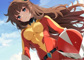 1girl belt blue_eyes blue_sky bodysuit breasts brown_hair cloud day gloves grendizer_u helmet holding holding_unworn_helmet long_hair looking_at_viewer maria_grace_fleed mazinger_(series) multicolored_bodysuit official_art open_mouth red_bodysuit sky solo ufo_robo_grendizer unworn_helmet