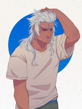 Rule 34 | 1boy, blue eyes, catovyen, classicaloid, collarbone, commentary, dark-skinned male, dark skin, english commentary, facial hair, grey hair, hand on own head, highres, johann sebastian bach (classicaloid), male focus, male underwear, male underwear peek, mature male, mustache stubble, one eye closed, shirt, short sleeves, solo, sparse stubble, stubble, underwear, upper body, white shirt