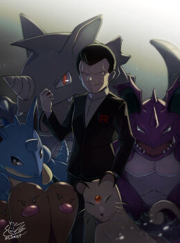 1boy ^_^ arm_at_side artist_name backlighting black_eyes black_jacket black_pants blurry breast_pocket bright_pupils brown_eyes brown_hair cat claws closed_eyes closed_mouth clothes_writing constricted_pupils dark depth_of_field dugtrio fang fangs fangs_out forehead_jewel gem gen_1_pokemon giovanni_(pokemon) gradient_background grey_background hand_up happy highres holding holding_poke_ball jacket light_particles long_sleeves looking_at_viewer nidoking nidoqueen nintendo open_mouth pants persian_(pokemon) pocket poke_ball poke_ball_(basic) pokemon pokemon_(creature) pokemon_frlg red_eyes red_gemstone rhydon sharp_teeth shirt short_hair signature smile split_mouth tatsumi_(panneko) teeth twitter_username v-shaped_eyebrows white_eyes white_pupils white_shirt