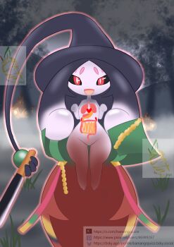 1other bamangojuice black_hair cosplay crossover dead_by_daylight dress facing_viewer fog gen_6_pokemon gen_8_pokemon hat hatterene holding holding_weapon knife krasue looking_at_viewer night nintendo no_headwear open_mouth outdoors pokemon pokemon_(creature) pokemon_focus pumpkaboo smile tentacle_hair tree weapon wide_hips witch_hat