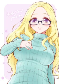 Rule 34 | 1girl, alternate costume, aqua sweater, arakawa tarou, bespectacled, black-framed eyewear, blonde hair, breasts, commentary request, copyright name, fuurin asumi, glasses, hand on own chest, healin' good precure, highres, long hair, looking at viewer, medium breasts, pink background, precure, purple eyes, ribbed sweater, smile, solo, sweater, turtleneck, turtleneck sweater, upper body, white background