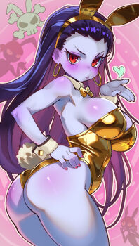 Rule 34 | 1girl, 3girls, animal ears, ass, bare legs, bare shoulders, black hair, blowing kiss, blue skin, blush, bow, bowtie, breasts, cleavage, colored skin, detached collar, earrings, fake animal ears, fake tail, hairband, hand on own hip, highleg, highleg leotard, highres, hoop earrings, jewelry, large breasts, leotard, life is pi, long hair, looking at viewer, makeup, multiple girls, nail polish, playboy bunny, purple hair, purple skin, rabbit ears, rabbit tail, red eyes, red nails, risky boots, shantae (series), shiny skin, sideboob, skull, skull and crossbones, solo, solo focus, strapless, strapless leotard, tail, thighs, twisted torso, v-shaped eyebrows, very long hair, white wrist cuffs, wrist cuffs, yellow bow, yellow bowtie, yellow hairband, yellow leotard, zombie