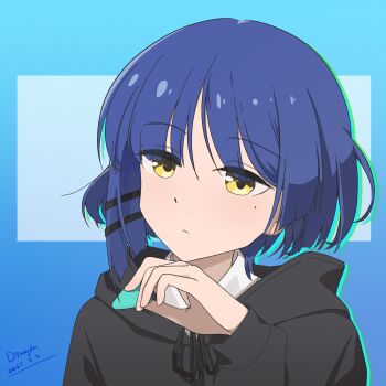 1girl black_hoodie black_ribbon blue_background blue_border blue_hair bocchi_the_rock! border bored chinese_commentary commentary_request dingda gradient_background highres holding holding_plectrum hood hoodie mole mole_under_eye plectrum ribbon shirt shirt_under_hoodie simple_background white_shirt yamada_ryo yellow_eyes