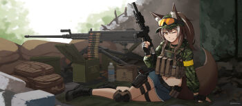 1girl ;) absurdres animal_ear_fluff animal_ears baseball_cap black_boots black_gloves blue_shorts boots brown_eyes brown_hair browning_m2 callisto_(greyeth) camouflage camouflage_headwear camouflage_jacket closed_mouth commentary commission cropped_jacket day denim denim_shorts ears_through_headwear english_commentary fingerless_gloves fox_ears fox_girl fox_tail gloves goggles goggles_on_headwear green_hat green_jacket grey_hair gun hat heavy_machine_gun highres holding holding_gun holding_weapon jacket lace-up_boots long_sleeves looking_at_viewer machine_gun midriff multicolored_hair navel ndtwofives one_eye_closed original outdoors puffy_long_sleeves puffy_sleeves rebar ruins shorts sig_mpx smile solo streaked_hair submachine_gun tail trigger_discipline weapon