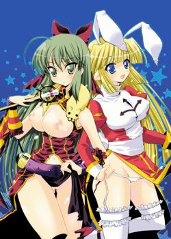 2girls :d :o ahoge animal animal_around_neck animal_ears asai_ichiko back_bow belt blonde_hair blue_background blue_eyes bow breasts dress gradient_background green_eyes green_hair groin hair_bow high_priest_(ragnarok_online) holding holding_wand juliet_sleeves large_breasts lifting_own_clothes long_hair long_sleeves multiple_girls navel nipples no_panties open_mouth panties pointy_ears professor_(ragnarok_online) puffy_sleeves purple_belt pussy rabbit_ears ragnarok_online red_bow red_dress sash side-tie_panties sleeve_cuffs smile star_(symbol) thighhighs two-tone_dress underwear untied_panties wand white_bow white_dress white_panties white_sash white_thighhighs
