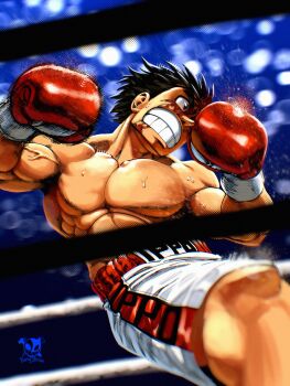 Rule 34 | 1boy, borudbrian, boxer, boxing, boxing gloves, boxing ring, boxing shorts, commentary, english commentary, hajime no ippo, highres, makunouchi ippo, male focus, motion lines, muscular, punching, shorts, solo, speed lines, topless male