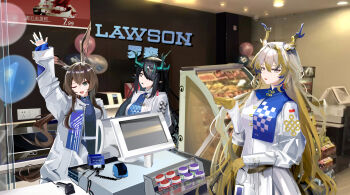3girls :< ;d absurdres amiya_(arknights) animal_ears aqua_eyes arknights arm_up balloon black_hair blonde_hair blue_hair brown_hair cashier chinese_commentary chinese_text closed_mouth colored_extremities commentary_request company_name cowboy_shot dragon_girl dragon_horns dress dusk_(arknights) earrings green_eyes green_hair grey_hair hair_between_eyes hair_intakes hair_over_one_eye hand_up highres horns incredibly_absurdres indoors jacket jewelry jitome lawson long_hair long_sleeves looking_at_viewer mikuning multicolored_hair multiple_girls no_pupils one_eye_closed one_eye_covered open_mouth outstretched_arm photo_background pointy_ears price ring screen shu_(arknights) smile standing streaked_hair uroko_(pattern) waving_arm white_dress white_eyes white_jacket