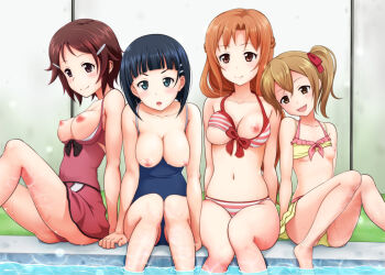 10s 4girls :d :o aqua_eyes arm_support asuna_(sao) bikini bikini_top_lift blue_hair blush breasts breasts_out brown_eyes brown_hair casual_one-piece_swimsuit cleavage clothes_lift clothes_pull competition_school_swimsuit female_focus front-tie_top hair_ornament hair_ribbon hairclip kirigaya_suguha lisbeth_(sao) long_hair long_legs looking_at_viewer malcorond multiple_girls navel nipples one-piece_swimsuit one-piece_swimsuit_pull open_mouth orange_hair partially_submerged pool poolside ribbon school_swimsuit shiny_skin short_hair short_twintails silica sitting small_breasts smile soaking_feet striped_bikini striped_clothes swimsuit sword_art_online twintails water wet