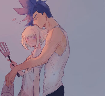 2boys black_pants blonde_hair blue_hair closed_eyes closed_mouth coffee_pot dot_nose galo_thymos grey_background hand_on_another's_chest heart holding holding_coffee_pot kiss kissing_head lio_fotia looking_at_another looking_back male_focus mohawk multiple_boys pants promare sakuraba35 shirt short_hair short_sleeves simple_background single_bare_shoulder smile spatula standing t-shirt tank_top white_shirt white_tank_top yaoi