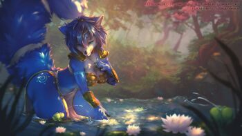 1girl absurdres animal_nose arm_guards arm_tattoo armor bikini_armor blue_fur breasts cleavage flower forest fox_girl frog furry furry_female highres jewelry kayfoxii krystal large_breasts leaning_forward leg_tattoo lily_pad medium_breasts nature necklace nintendo partially_submerged pelvic_curtain pond shoulder_armor smile snout squirting_liquid star_fox star_fox_adventures tail tail_ornament tail_ring tattoo thighs two-tone_fur water water_lily_flower