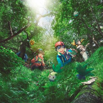 2boys 3girls aqua_jacket aqua_scrunchie backpack bag beak binoculars bird black_eyes black_footwear black_hair black_jacket black_leggings blue_eyes blue_jacket blue_pants blue_shirt blue_sky blunt_bangs breasts brown_coat brown_eyes brown_footwear brown_hair bug burmy burmy_(plant) caterpie character_request closed_eyes clothed_pokemon coat collar collared_shirt colored_sclera combee compass cottonee cresso_(pokemon) day denim diglett drawstring eyewear_on_head fanny_pack fingerless_gloves fingernails foongus forest gen_1_pokemon gen_2_pokemon gen_4_pokemon gen_5_pokemon gen_7_pokemon glasses gloves green_bag green_coat green_collar green_gloves green_jacket green_shirt green_shorts grey_eyes grey_footwear grey_hair hair_between_eyes hair_ornament hair_scrunchie hairband hand_up headband highres holding holding_compass holding_map holding_phone hood hooded_coat jacket jeans key_visual leaf leg_up leggings log looking_at_another looking_at_viewer looking_back map medium_hair multicolored_coat multicolored_jacket multiple_boys multiple_girls nature nintendo oddish official_art on_shoulder open_clothes open_coat open_mouth orange_eyes orange_jacket outdoors pants pantyhose pantyhose_under_shorts petilil phone photo_background pikachu plaid_clothes plaid_shirt pocket pointing pointing_forward poke_ball_theme pokemon pokemon_(creature) pokemon_on_shoulder pokemon_wonder ponytail promotional_art reaching reaching_towards_viewer red_eyes red_headwear rowlet scrunchie shirt shoes short_hair shorts shoulder_blades sidelocks sky sleeping small_breasts smile squatting standing sticker sudowoodo surprised tail tangela teeth themed_object tongue tree tree_shade turtleneck turtleneck_jacket two-tone_coat two-tone_footwear two-tone_jacket upper_teeth_only walking white_coat white_shirt wings yellow_eyes yellow_hairband yellow_headband yellow_sclera