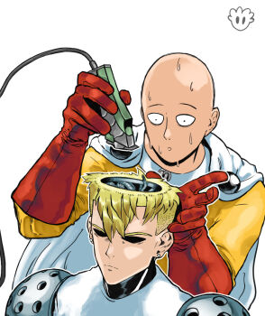 2boys :o bags_under_eyes bald blonde_hair bodysuit cable cape circuit closed_mouth constricted_pupils cutting_hair cyborg devovas earrings electric_razor genos gloves hairdressing jewelry jumpsuit multiple_boys nervous nervous_sweating one-punch_man open_skull razor red_gloves saitama_(one-punch_man) serious shaded_face shaving short_hair superhero_costume sweat white_cape wide-eyed yellow_bodysuit yellow_jumpsuit you're_doing_it_wrong