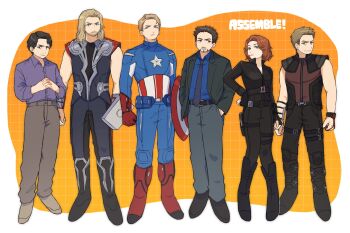 Rule 34 | 1girl, 5boys, armor, avengers (series), bare shoulders, beard, belt, black armor, black belt, black bodysuit, black footwear, black gloves, black hair, black jacket, black necktie, black pants, black widow, blonde hair, blue bodysuit, blue eyes, blue shirt, bodysuit, boots, border, brown eyes, brown hair, bruce banner, buttons, cape, captain america, clenched hand, clint barton, closed mouth, collared shirt, english text, facial hair, fingerless gloves, formal clothes, full body, gloves, grey footwear, grey pants, hammer, hand on own hip, hawkeye (marvel), highres, holding, holding hammer, holding hands, holding shield, holding weapon, jacket, lapels, long hair, long sleeves, looking at viewer, lq xkr, marvel, marvel, mjolnir (marvel), multiple boys, natasha romanoff, necktie, open clothes, open jacket, orange background, outside border, own hands together, pants, purple shirt, purple vest, red cape, red footwear, red gloves, shield, shirt, shoes, short hair, simple background, standing, star (symbol), steve rogers, suit, suit jacket, superhero costume, the avengers (2012), thor (marvel), tony stark, v-shaped eyebrows, vest, weapon, white border, wristband