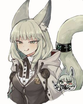 1girl :q animal_ear_fluff animal_ears arknights black_cardigan black_ribbon buttons cape cardigan chibi chibi_inset closed_mouth commentary green_eyes green_hair green_tail grey_cape harmonie_(arknights) hood hood_down hooded_cape ikhlh2 infection_monitor_(arknights) light_blush medium_hair neck_ribbon ribbon shirt simple_background smile solo tail tail_raised tongue tongue_out white_background white_shirt