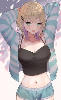 1girl aqua_shorts arms_behind_head arms_up black_camisole blonde_hair blush braid braided_bangs breasts camisole cardigan cleavage colored_inner_hair cowboy_shot dolphin_shorts drawstring green_eyes hair_ornament hairclip highres higuma29 kurumi_noah kurumi_noah_(6th_costume) large_breasts long_sleeves looking_at_viewer midriff multicolored_hair navel open_cardigan open_clothes open_mouth parallel_hairclips parted_bangs short_shorts shorts smile solo spaghetti_strap standing striped_cardigan tied_drawstring virtual_youtuber vspo!