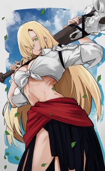 1girl absurdres animal_skull blonde_hair blue_sky breasts cleavage closed_mouth cloud cloudy_sky club_(weapon) collared_shirt commentary commission cowboy_shot english_commentary falling_leaves from_below green_eyes hair_over_one_eye highres holding holding_club holding_weapon kobi420 leaf light_frown long_hair looking_at_viewer looking_down medium_breasts midriff mole mole_on_thigh navel original pelvic_curtain ribs shirt sky tied_shirt toned toned_female weapon white_shirt
