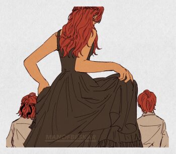 1girl 2boys artist_name black_dress braid commentary dress figarland_shamrock half_updo highres long_hair manofbeskar mother_and_son multiple_boys one_piece red_hair shank&#039;s_mother shanks_(one_piece) shirt short_hair siblings simple_background skirt_hold sleeveless sleeveless_dress twins white_shirt