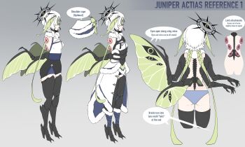 1girl absurdres arthropod_girl blue_hat blue_panties chitin english_text extra_arms fur_trim green_hair green_streaks halo hat highres indie_virtual_youtuber insect_girl insect_wings juniper_(artist) juniper_actias juniper_actias_(librarian) long_hair low_wings moth_girl moth_wings multiple_views official_alternate_costume panties reference_sheet turnaround underwear very_long_hair virtual_youtuber white_hair winged_arms wings