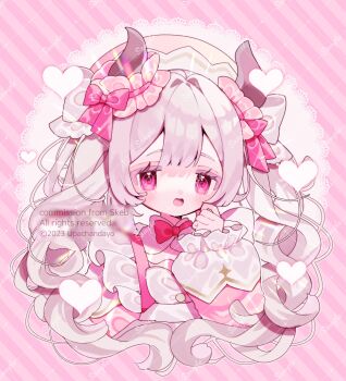1girl :d blunt_bangs blush bow bowtie commentary commission double-parted_bangs frilled_sleeves frills grey_hair hand_up hat highres horns long_hair long_sleeves looking_at_viewer open_mouth original pink_background pink_eyes pink_shirt red_bow red_bowtie sample_watermark shirt skeb_commission smile solo striped_background twintails upa_papa_co upper_body watermark watermark_grid white_hat