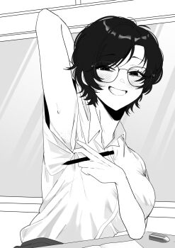 1girl absurdres arm_up armpit_focus armpit_stubble armpits blush breasts chiharunosekai1 collared_shirt desk dress_shirt eraser glasses highres leaning leaning_on_table looking_at_viewer medium_breasts monochrome notebook notice_lines original pen presenting_armpit school_desk shirt short_hair short_sleeves smile solo