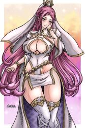 Rule 34 | 1girl, bracelet, braid, breasts, cleavage, cleavage cutout, closed mouth, clothing cutout, cowboy shot, dress, fire emblem, fire emblem heroes, gold trim, hand on own cheek, hand on own face, highres, jewelry, kalesklok, large breasts, loki (fire emblem), loki (trickster god) (fire emblem), long hair, looking at viewer, nintendo, official alternate costume, pelvic curtain, purple eyes, purple hair, smile, solo, thighhighs, very long hair, waist cape, white dress, white thighhighs