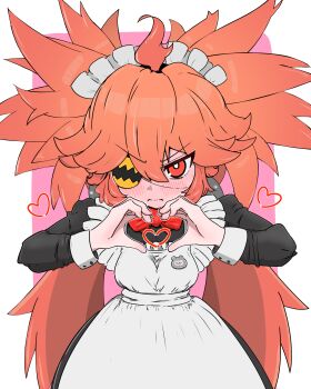 1girl absurdres ahoge apron blush commentary_request eyepatch hair_between_eyes hair_ornament heart heart_hands highres iamrogk koleda_belobog long_hair looking_at_viewer maid maid_apron maid_headdress red_eyes red_hair solo sphere_hair_ornament twintails zenless_zone_zero
