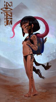 1girl backpack bag bandeau barefoot black_bandeau black_choker black_hair black_nails black_panties blue_bag body_markings choker closed_mouth commentary commission english_commentary fiz-rot flat_chest full_body hair_ornament hairclip highres holding_strap loli looking_at_viewer nail_polish navel original panties randoseru short_hair side-tie_panties solo standing stomach tentacles toenail_polish toenails underwear yellow_eyes