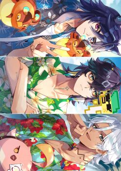 Rule 34 | 3boys, absurdres, ajaw (genshin impact), animal ears, aqua shirt, bat ears, black hair, black shirt, blue eyes, blue hair, cacucu (genshin impact), commentary request, exif rotation, facial mark, floral print shirt, genshin impact, green eyes, green hair, green shirt, hair between eyes, headband, heterochromia, highres, ifa (genshin impact), kinich (genshin impact), long hair, male focus, multicolored hair, multiple boys, neck tattoo, open mouth, ororon (genshin impact), pink eyes, shirt, short hair, smile, starlit 16sky, tan, tattoo, v, white hair