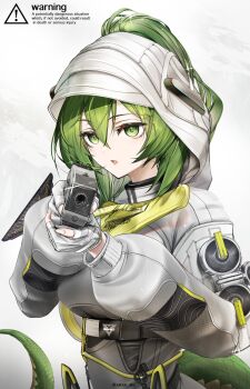 Rule 34 | 1girl, arknights, arknights: endfield, bodysuit, breasts, commentary request, cowboy shot, english text, fingerless gloves, fluorite (arknights), gloves, green eyes, green hair, gun, hair between eyes, highres, holding, holding gun, holding weapon, hood, hood up, long sleeves, looking at viewer, solo, tail, weapon, yokaze (yokajie)