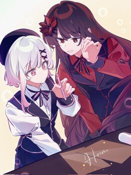 2girls alternate_costume artist_request beret black_hair black_hat black_vest closed_mouth collared_shirt commentary_request commission corrupted_twitter_file flower gradient_hair hair_flower hair_ornament hat highres holding holding_pen leaning_forward long_hair long_sleeves looking_down mahou_shoujo_no_majo_saiban multicolored_hair multiple_girls neck_ribbon nikaido_hiro paper pen pink_eyes pink_hair red_eyes red_flower red_shirt ribbon sakuraba_ema second-party_source shirt short_hair smile standing table vest white_background white_hair white_shirt x_hair_ornament