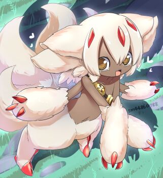 1girl body_fur brown_eyes commentary_request dark-skinned_female dark_skin extra_arms faputa fewer_digits full_body goggles grass highres lets0020 looking_at_viewer made_in_abyss medium_hair monster_girl navel niconico_id open_mouth sharp_teeth smile solo standing teeth white_hair